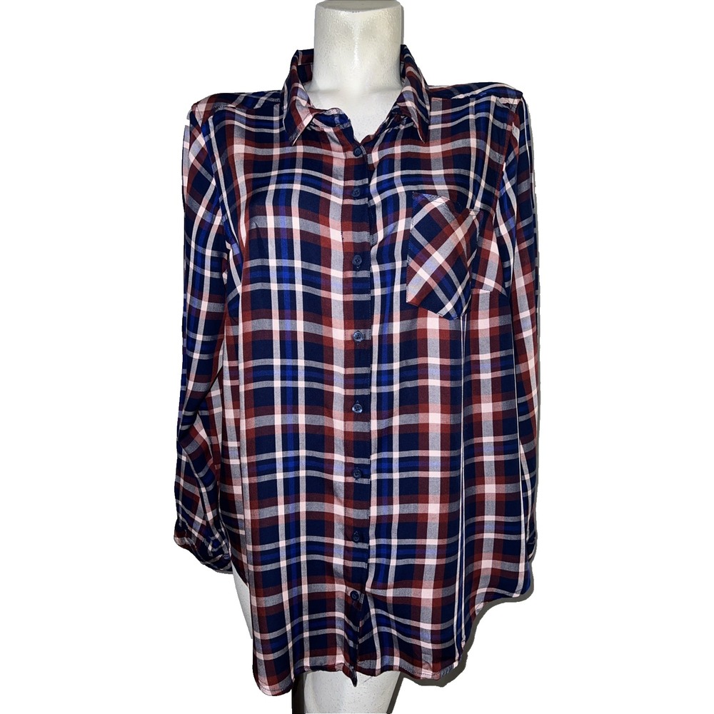 Torrid Womens Plus Size 1 Navy Blue Burgundy Plaid Rayon Button Down Shirt Top - Picture 1 of 8